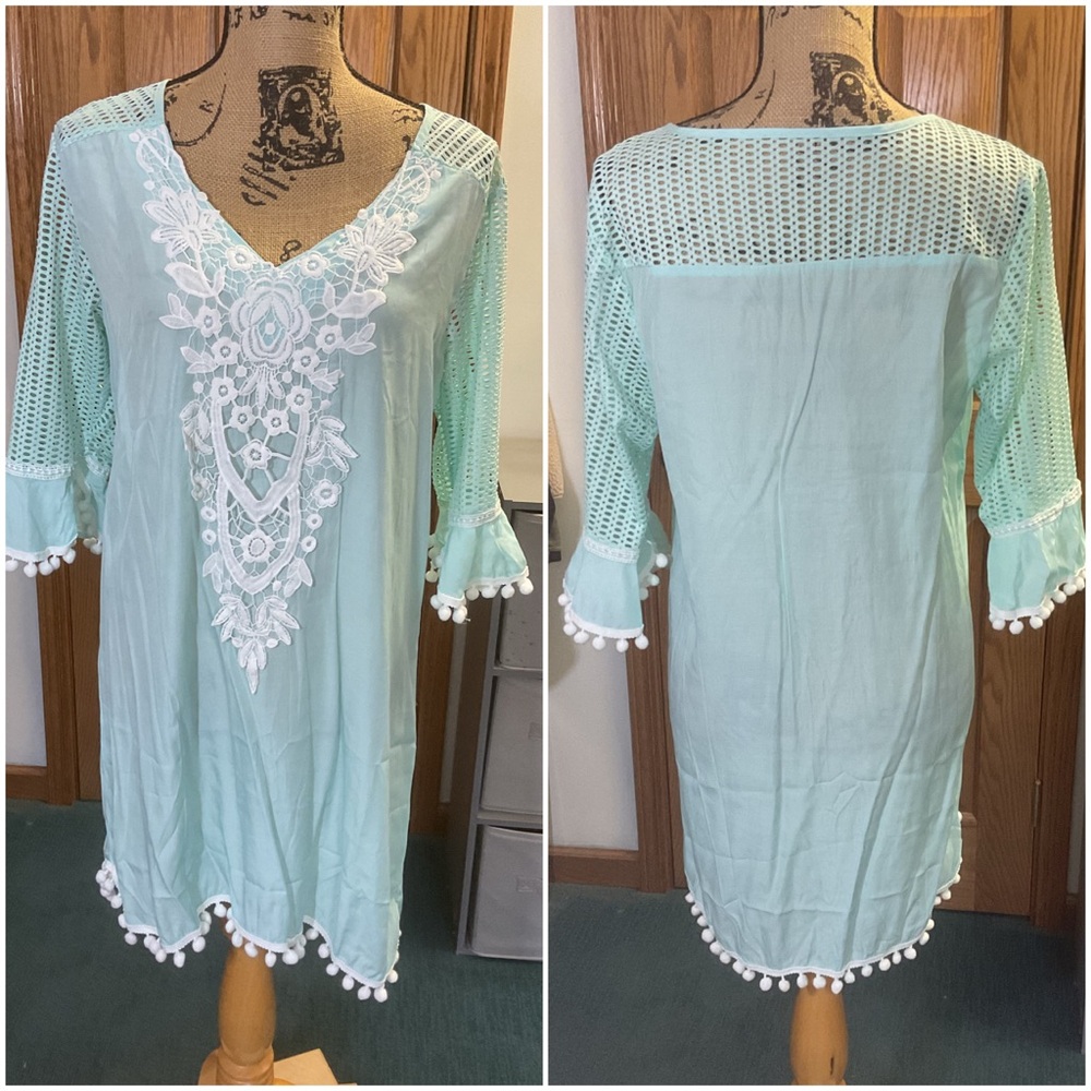 Beach Crochet Tunic Coverup with White Lace Accent down